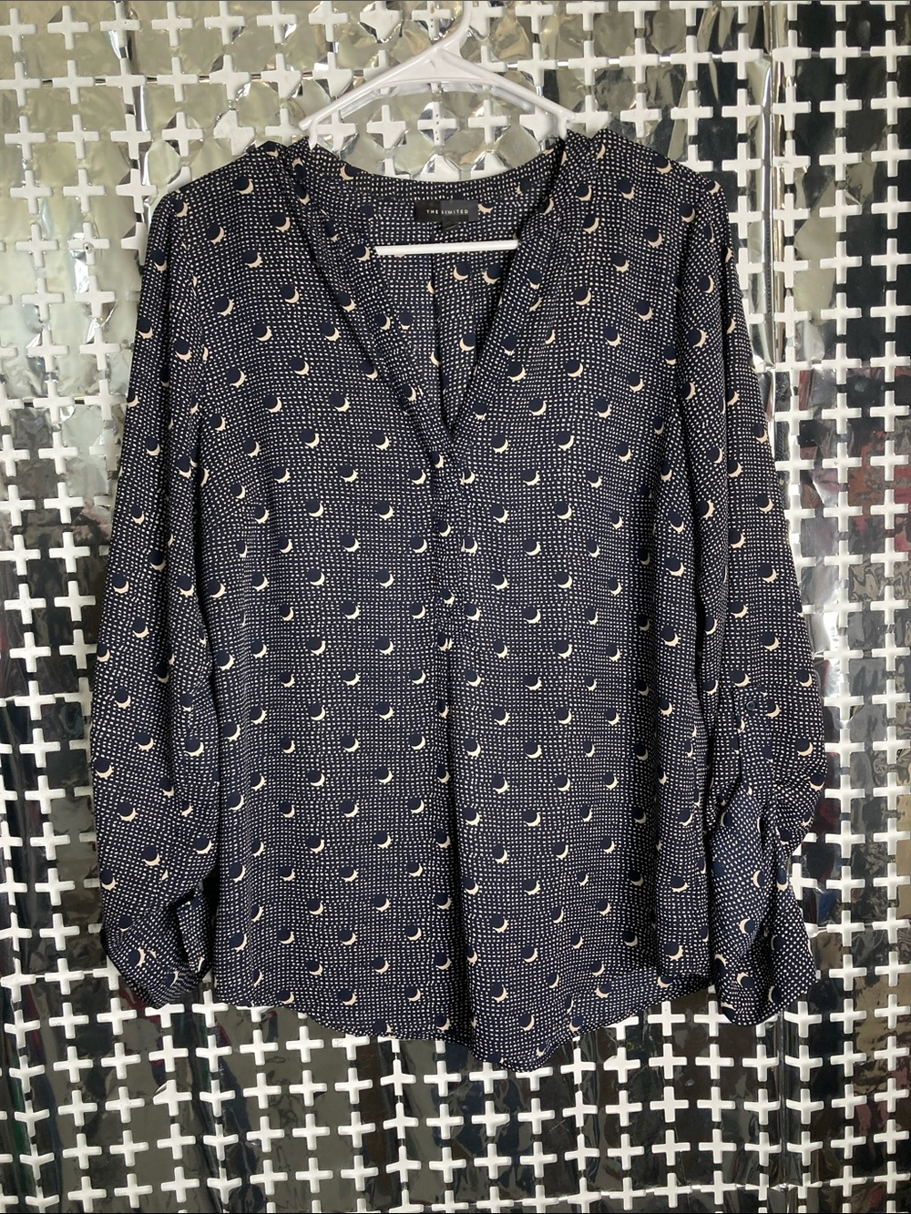 The Limited Navy Crescent Print V-Neck Blouse